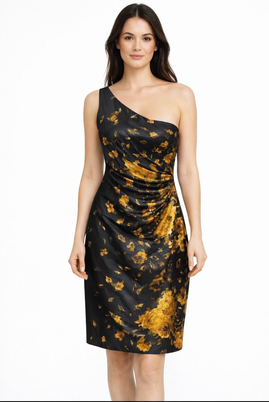 Maggy London Dress One-Shoulder Black & Gold Floral Cocktail Size 6 Formal